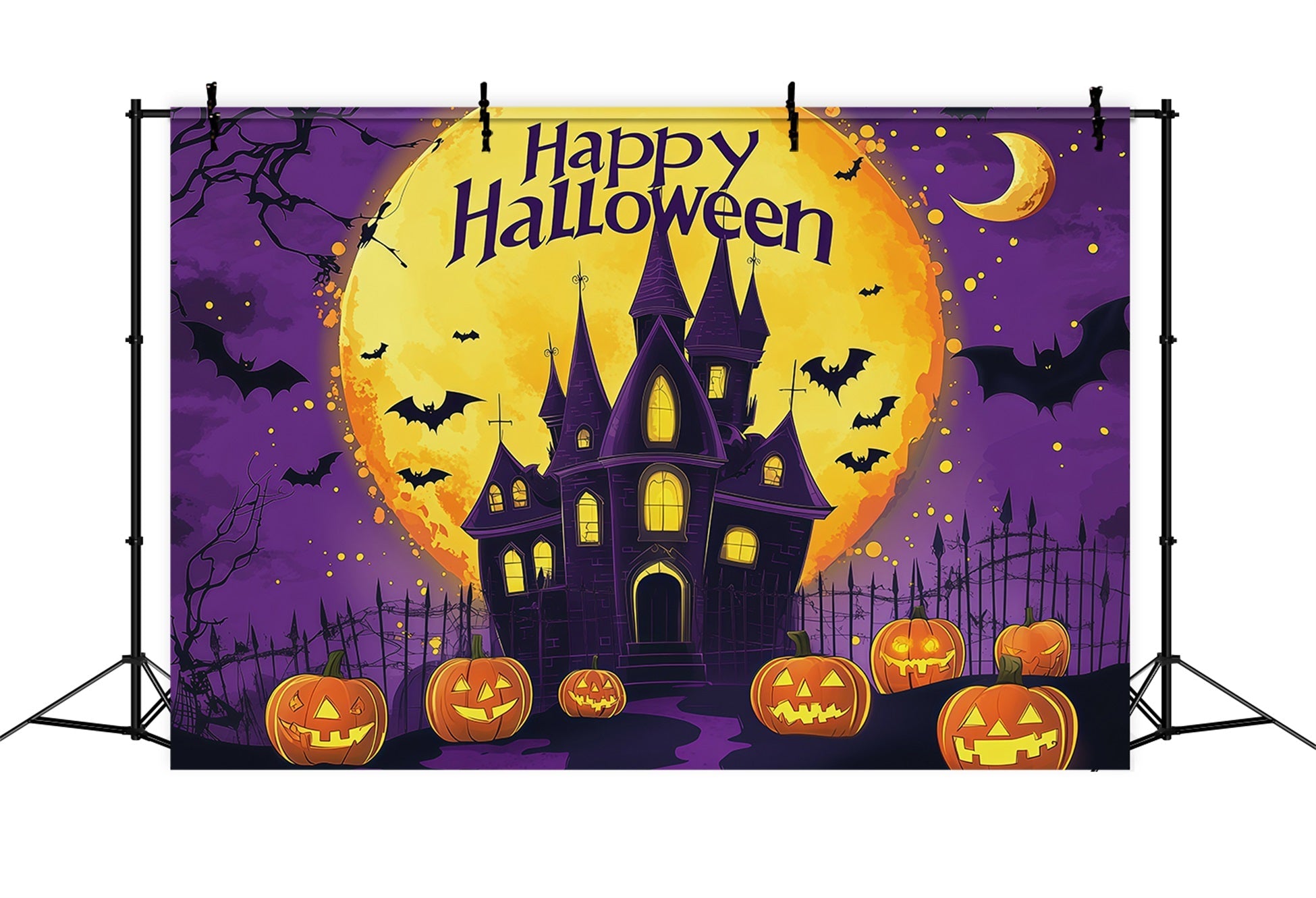 Cute Halloween Backdrops Purple Castle Pumpkin Moon Halloween Backdrops & Scene Setters UK RR67-6