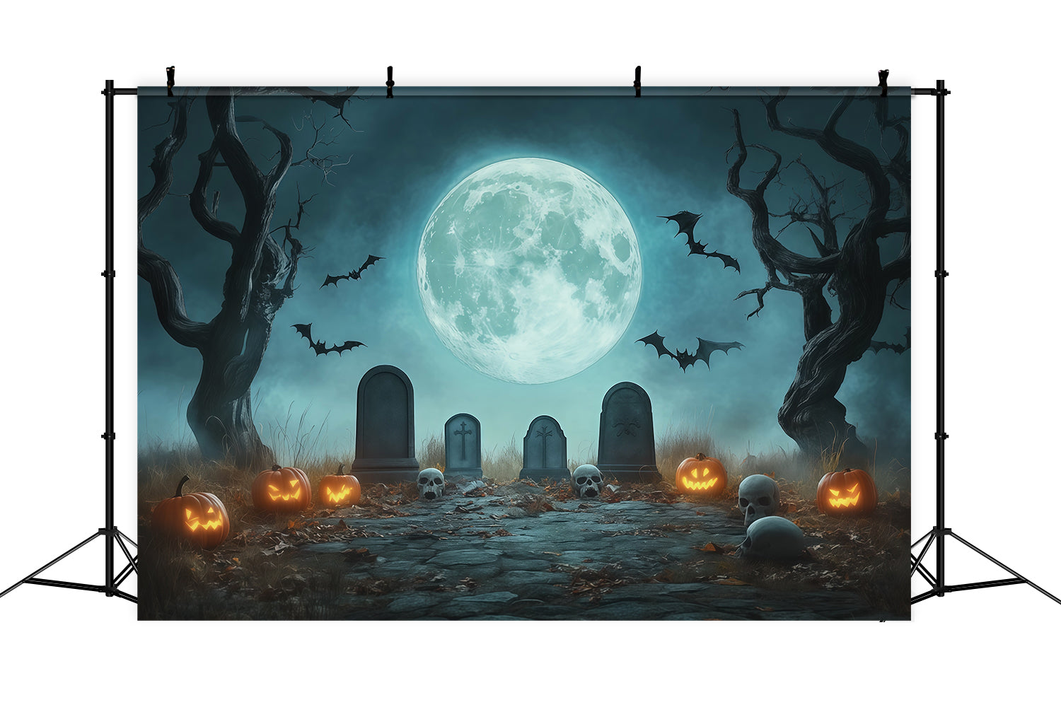 Halloween Graveyard Backdrops Moonlit Pumpkin Cemetery Path Photo Booth Halloween Backdrop UK RR67-72