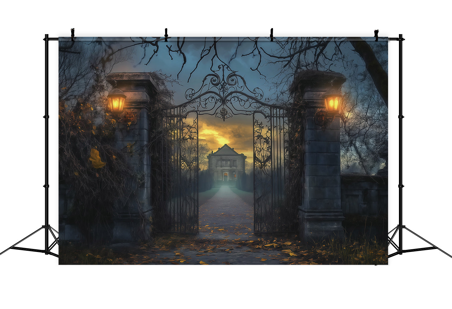 Halloween House Backdrop Foggy Mansion Iron Gate Halloween Cemetery Backdrop UK RR67-77