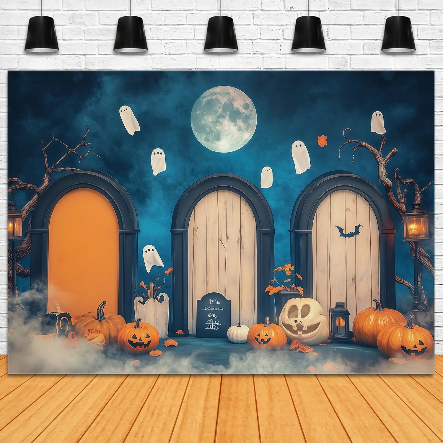 Halloween Arch Backdrop Moonlit Ghost Doorway Pumpkins Large Halloween Backdrops UK RR67-83