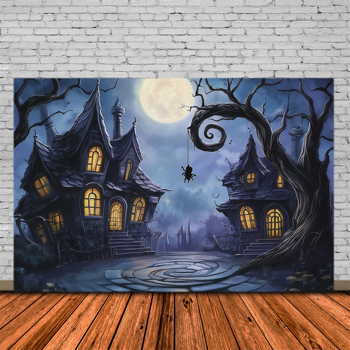 Photography Backdrops Halloween Moonlit Crooked Haunted Houses Halloween Town Backdrop UK RR67-87