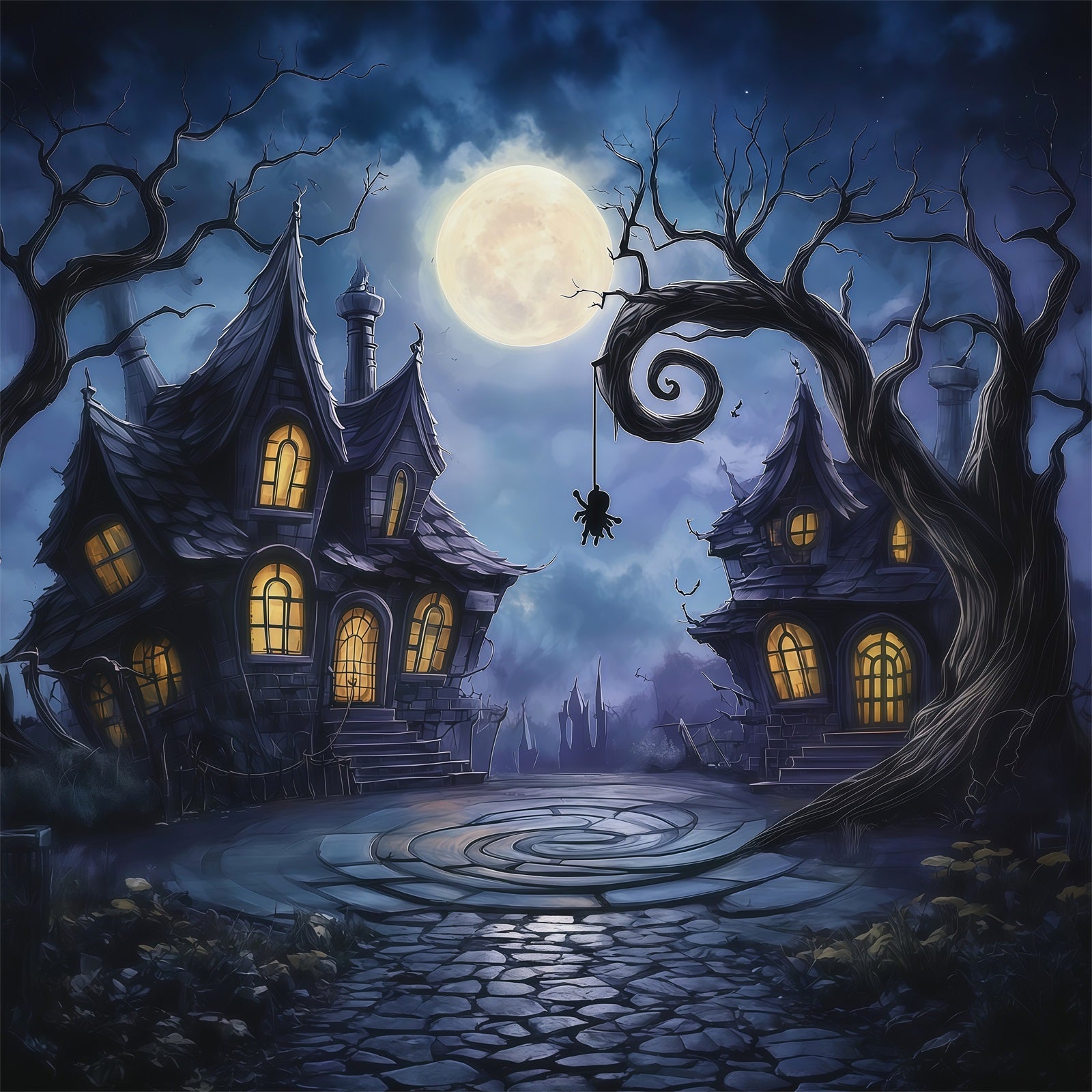 Photography Backdrops Halloween Moonlit Crooked Haunted Houses Halloween Town Backdrop UK RR67-87
