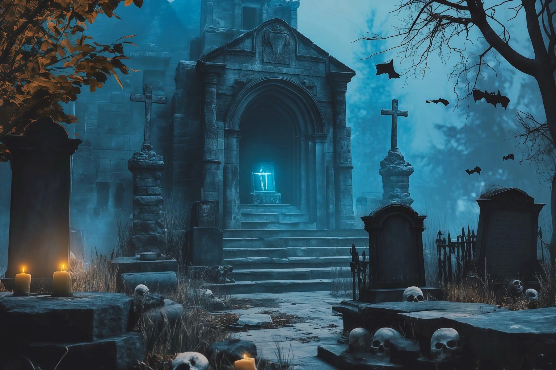 Halloween Cloth Backdrop Blue Crypt Candle Tombs Graveyard Halloween Backdrops UK RR67-93
