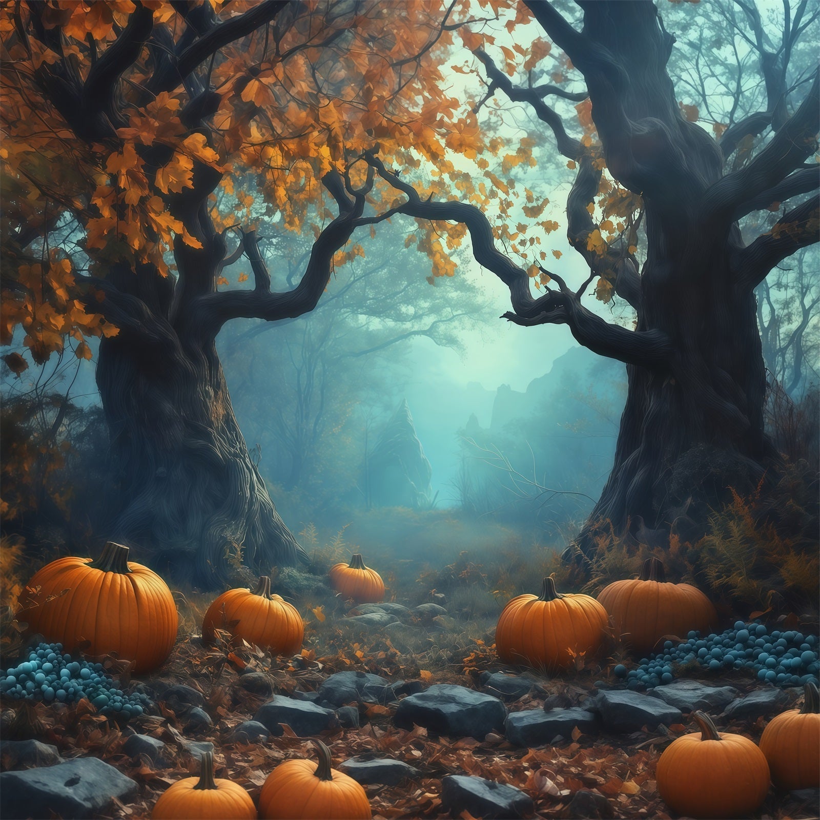 Halloween Party Photo Backdrop Ideas Misty Pumpkin Forest Path Creepy Halloween Backdrop UK RR67-95