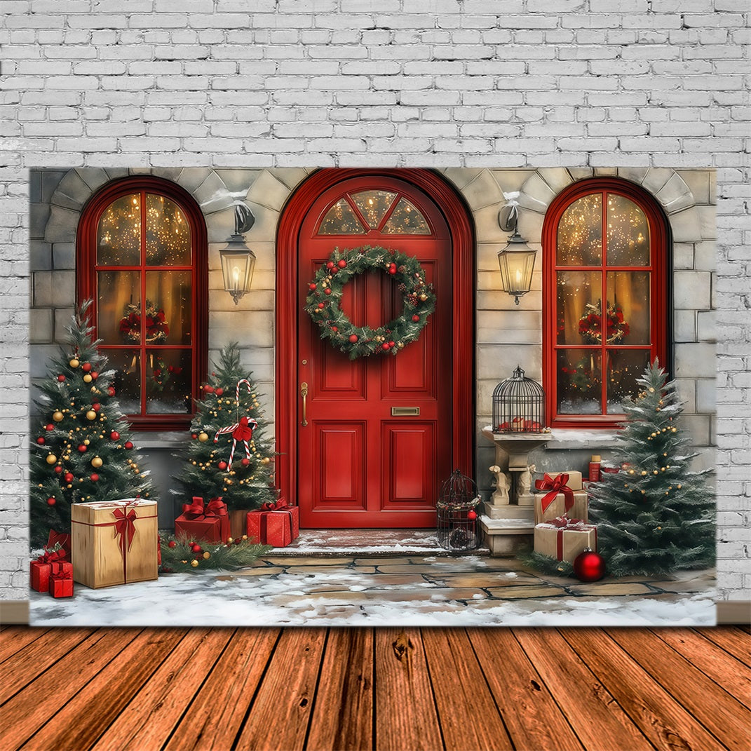 Christmas Door Backdrop Red Door Wreath Entrance Christmas Photo Backdrops UK RR68-64