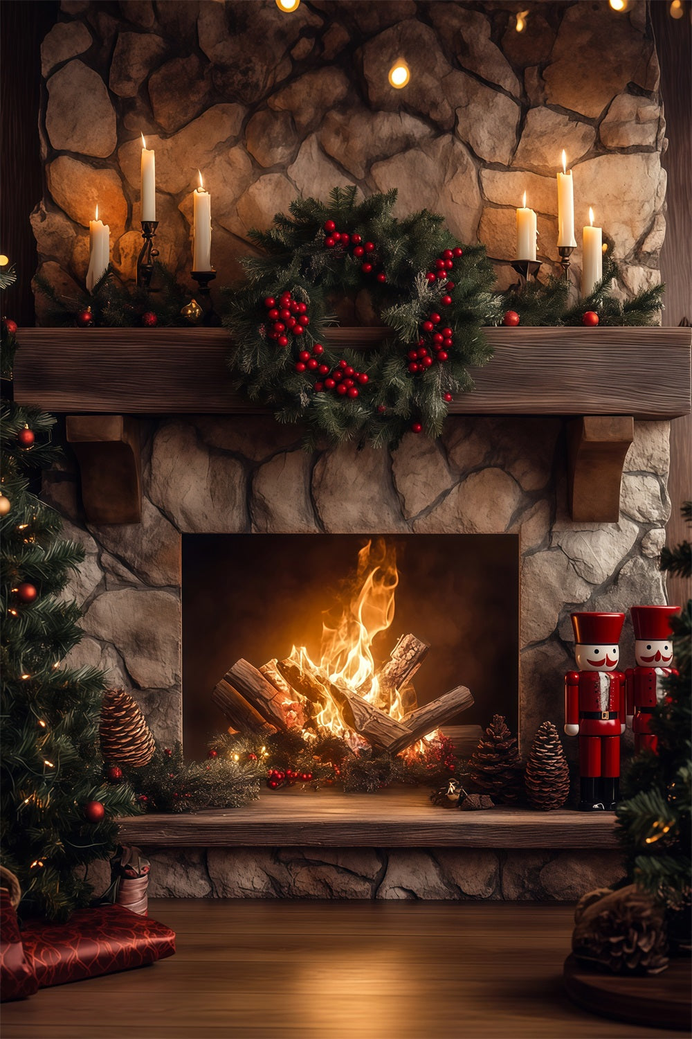 Christmas Fireplace Backdrops Stone Garland Glow Christmas Photography Backdrop UK RR68-66