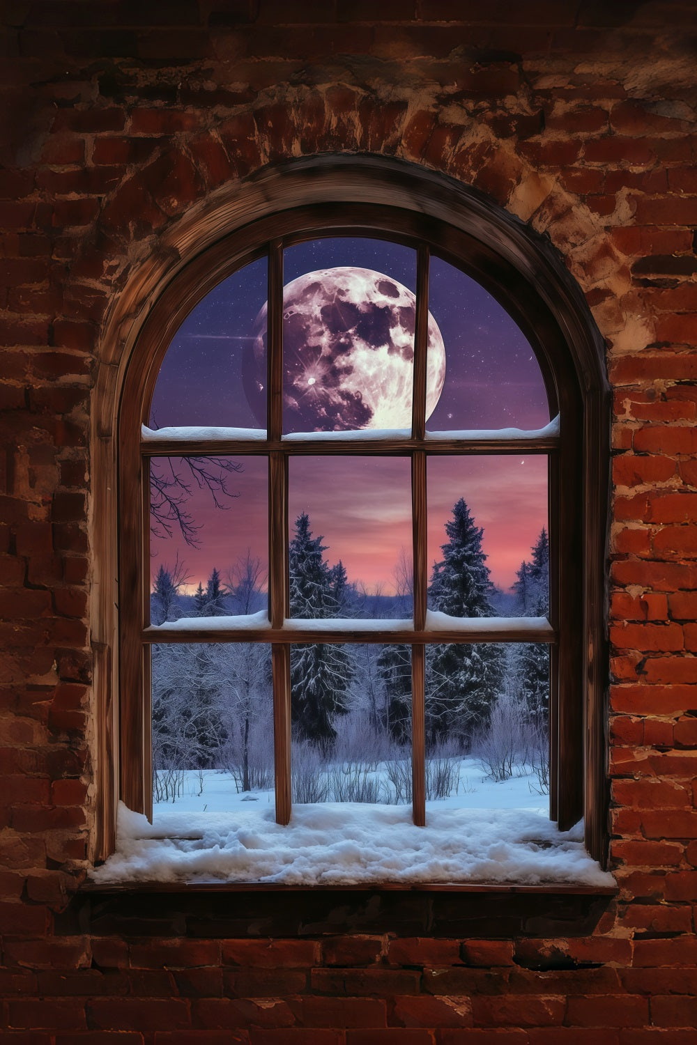 Christmas Village Mountain Backdrop Moonlit Brick Window Indoor Christmas Backdrop UK RR68-81
