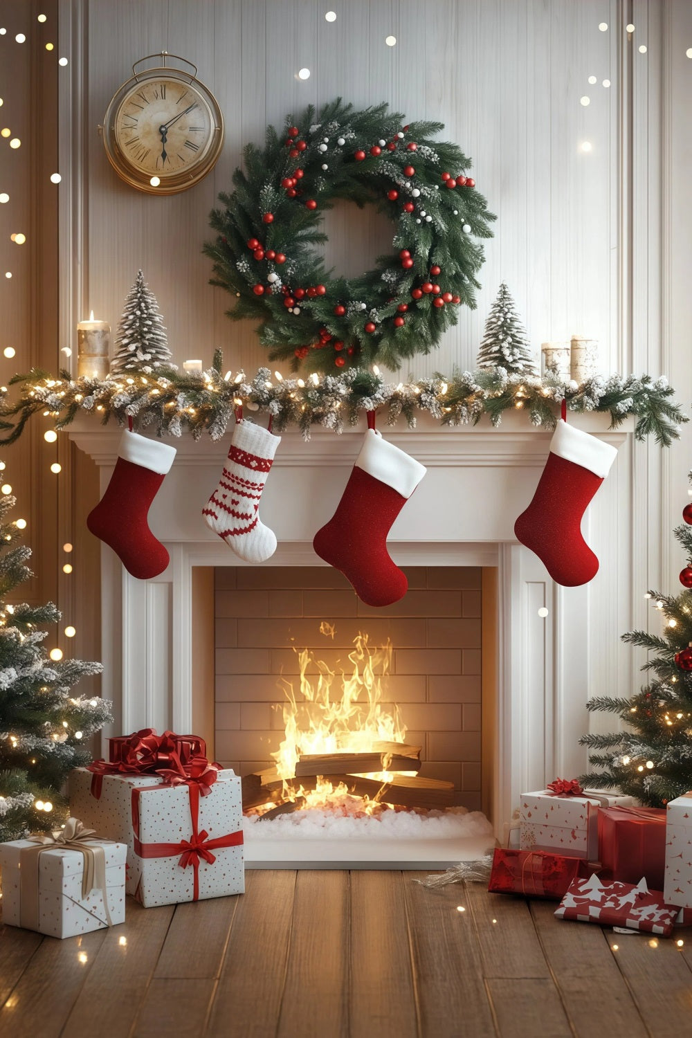 White Christmas Backdrop Cozy Fireplace Stockings Photo Christmas Backdrops UK RR68-84