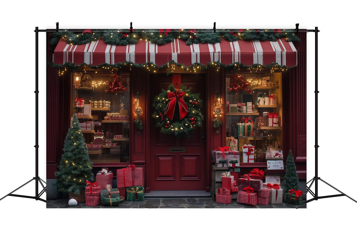 Christmas Store Backdrop Red Wreath Gift Shopfront Christmas Muslin Backdrop UK RR68-89