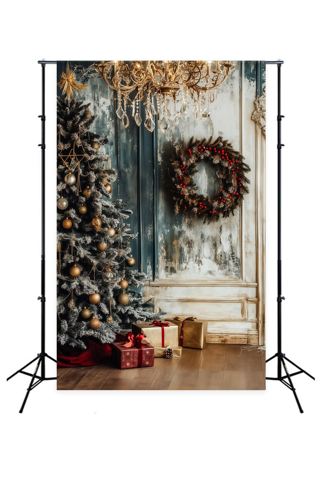 Christmas Wood Backdrop Frosted Chandelier Wreath Corner Christmas Photo Backdrops UK RR69-1
