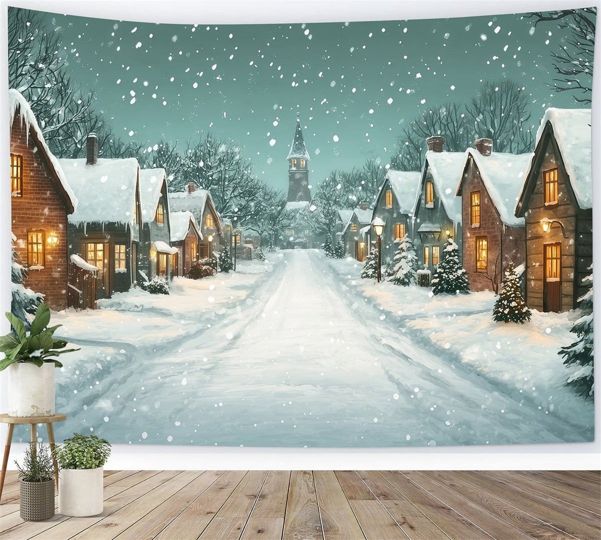 Christmas Street Backdrop Snowy Village Church Lane Photo Backdrop Christmas UK RR69-100