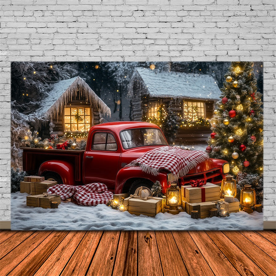 Christmas Truck Backdrop Vintage Car Woodland Cabin Muslin Backdrop Christmas UK RR69-32