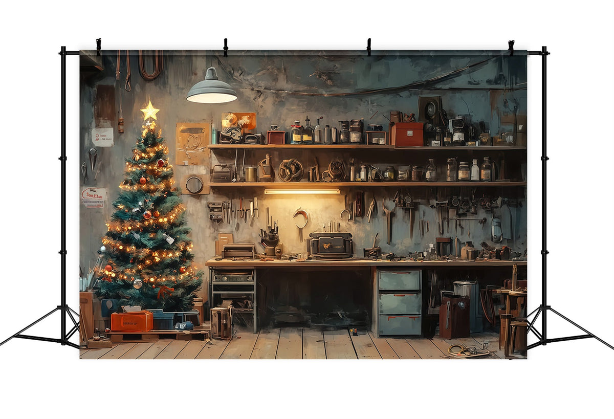 Santa Workshop Backdrop Rustic Room Tree Corner Professional Christmas Backdrops UK RR69-4