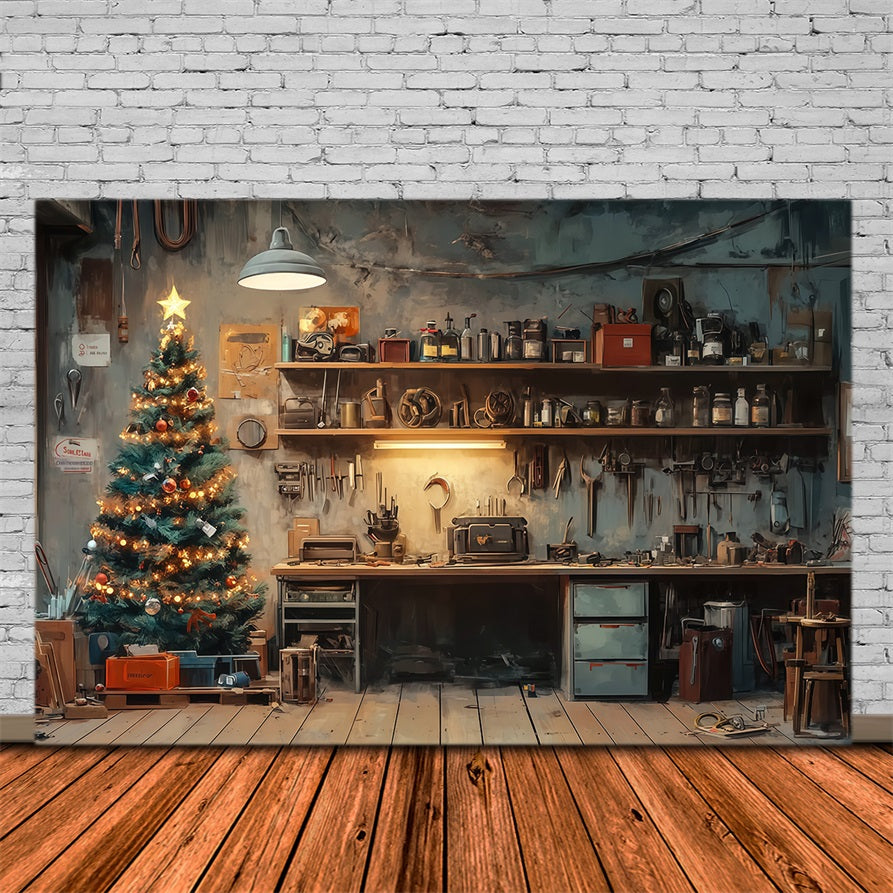 Santa Workshop Backdrop Rustic Room Tree Corner Professional Christmas Backdrops UK RR69-4