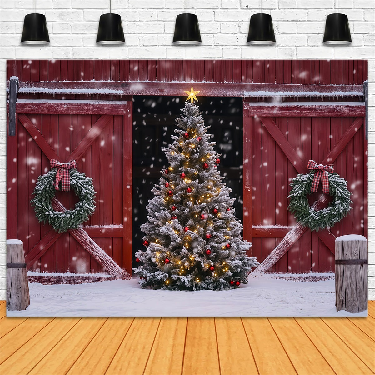 Christmas Barn Door Backdrop Snowy Barn Tree Wreath Professional Christmas Backdrops UK RR69-41