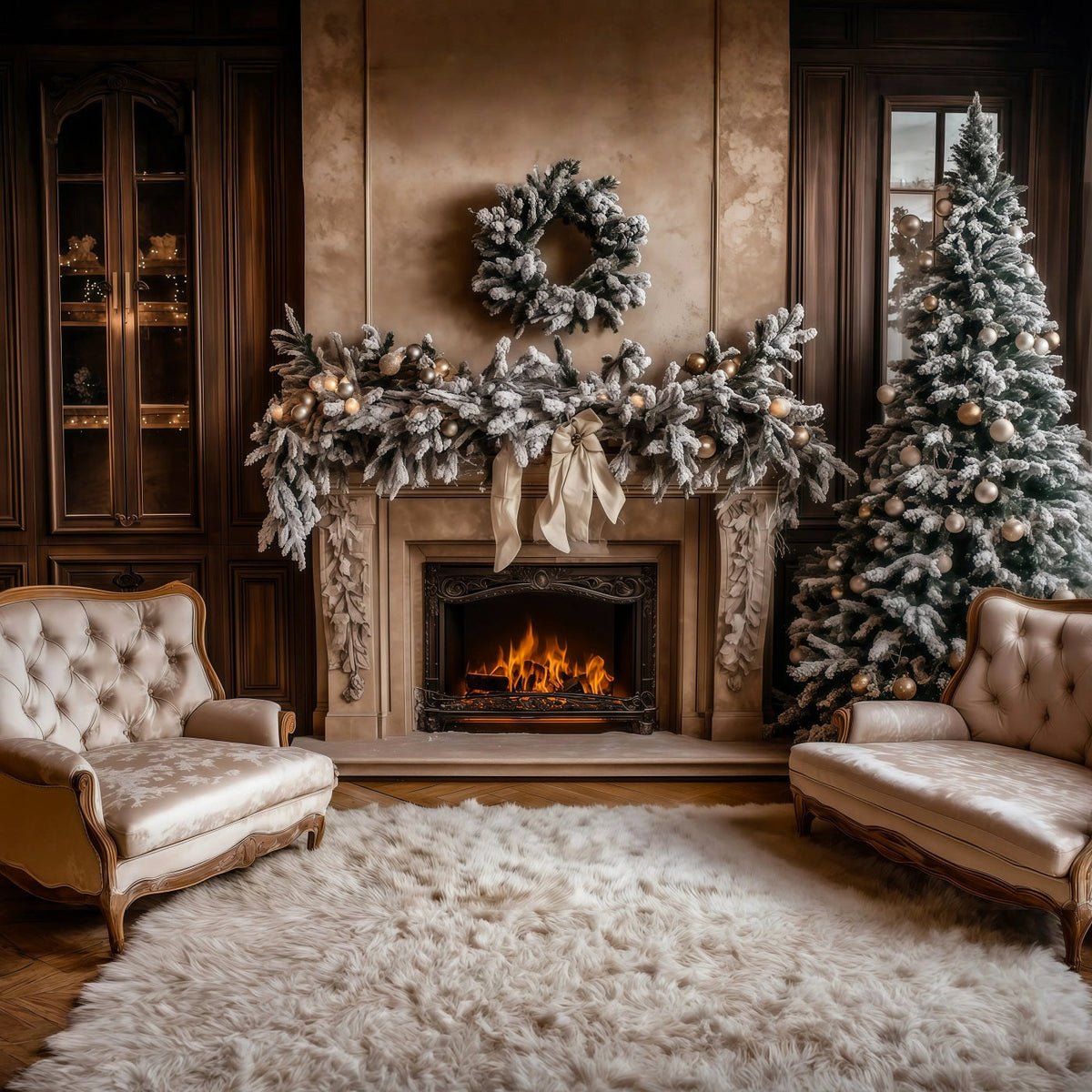 Christmas Living Room Backdrop Fireplace White Garland Photography Backdrops Christmas UK RR69-50