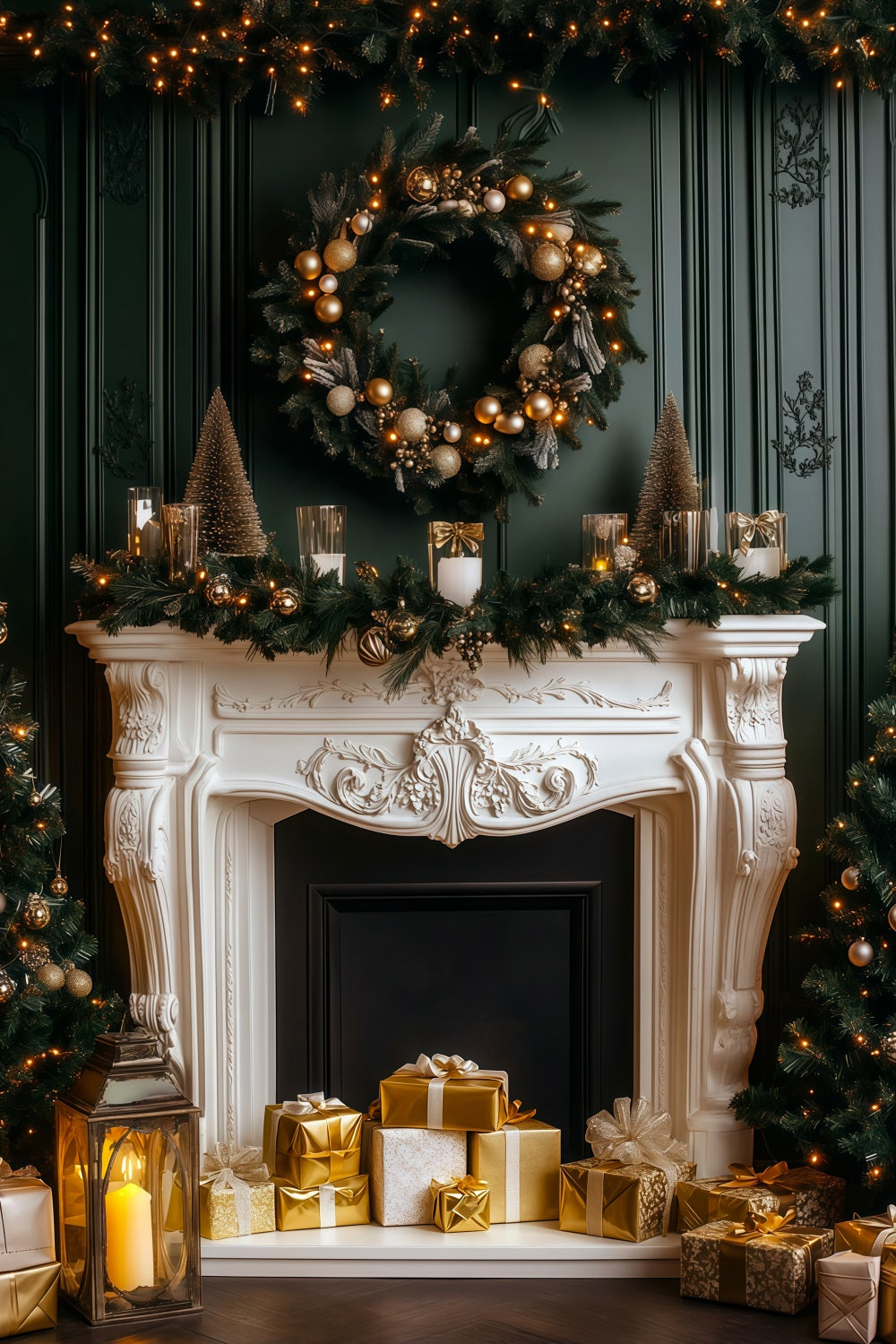Fireplace Christmas Backdrop Elegant Dark Mantel Glow Studio Christmas Backdrop UK RR69-60