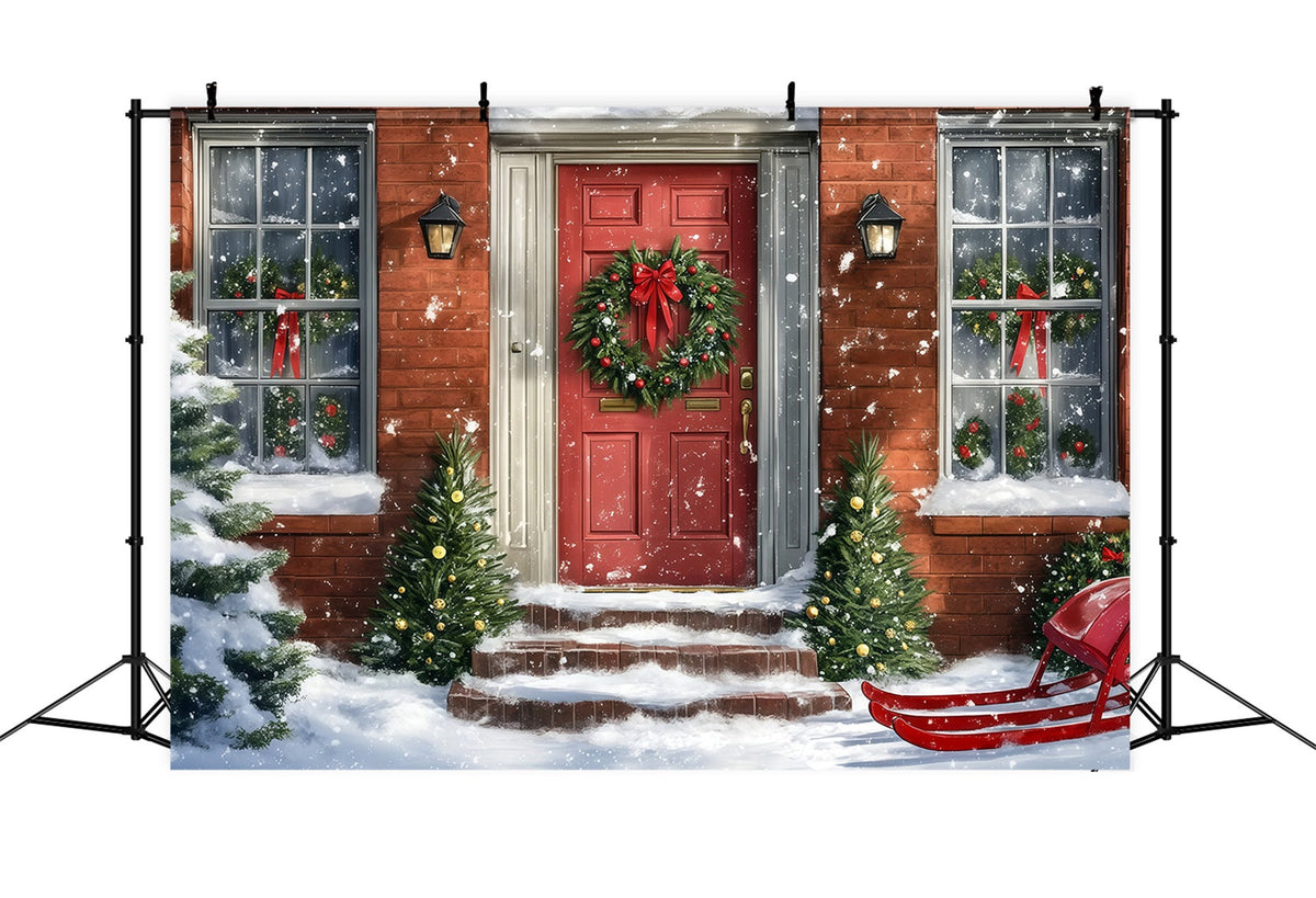 Christmas House Backdrop Snowy Red Door Sleigh Christmas Wall Backdrops UK RR69-72
