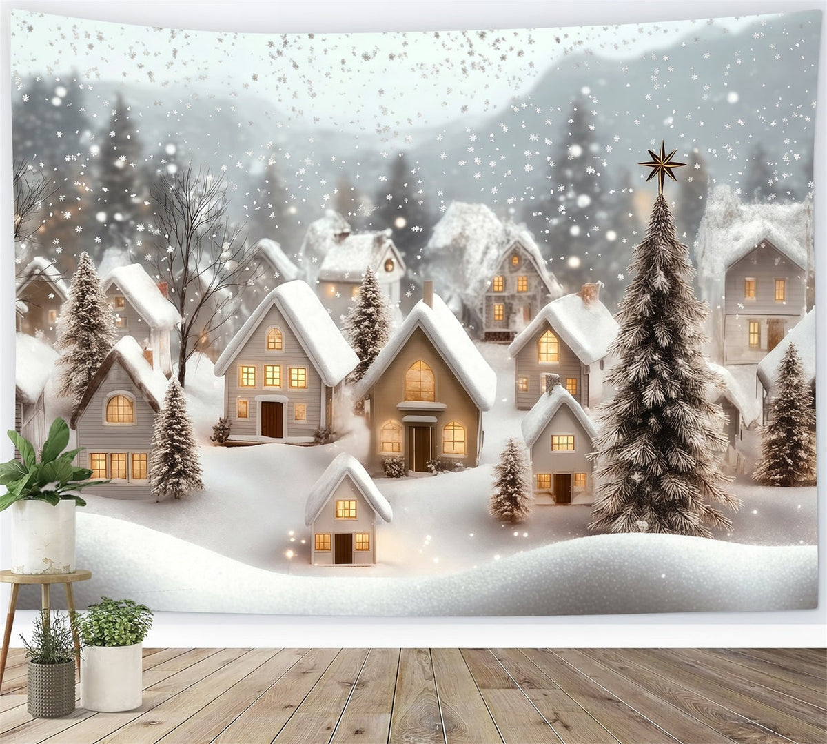 Winter Christmas Backdrop Village Snowfall Glow Muslin Backdrop Christmas UK RR69-89
