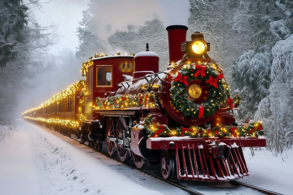Christmas Train Backdrop Snowy Red Light Train Christmas Backdrops UK RR69-93