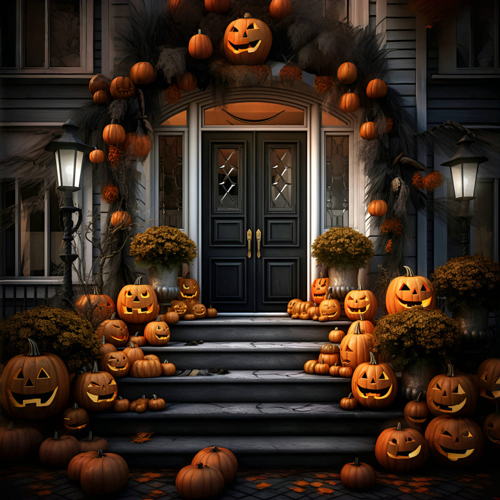 Front Door Pumpkins Halloween Backdrop UK RR7-105