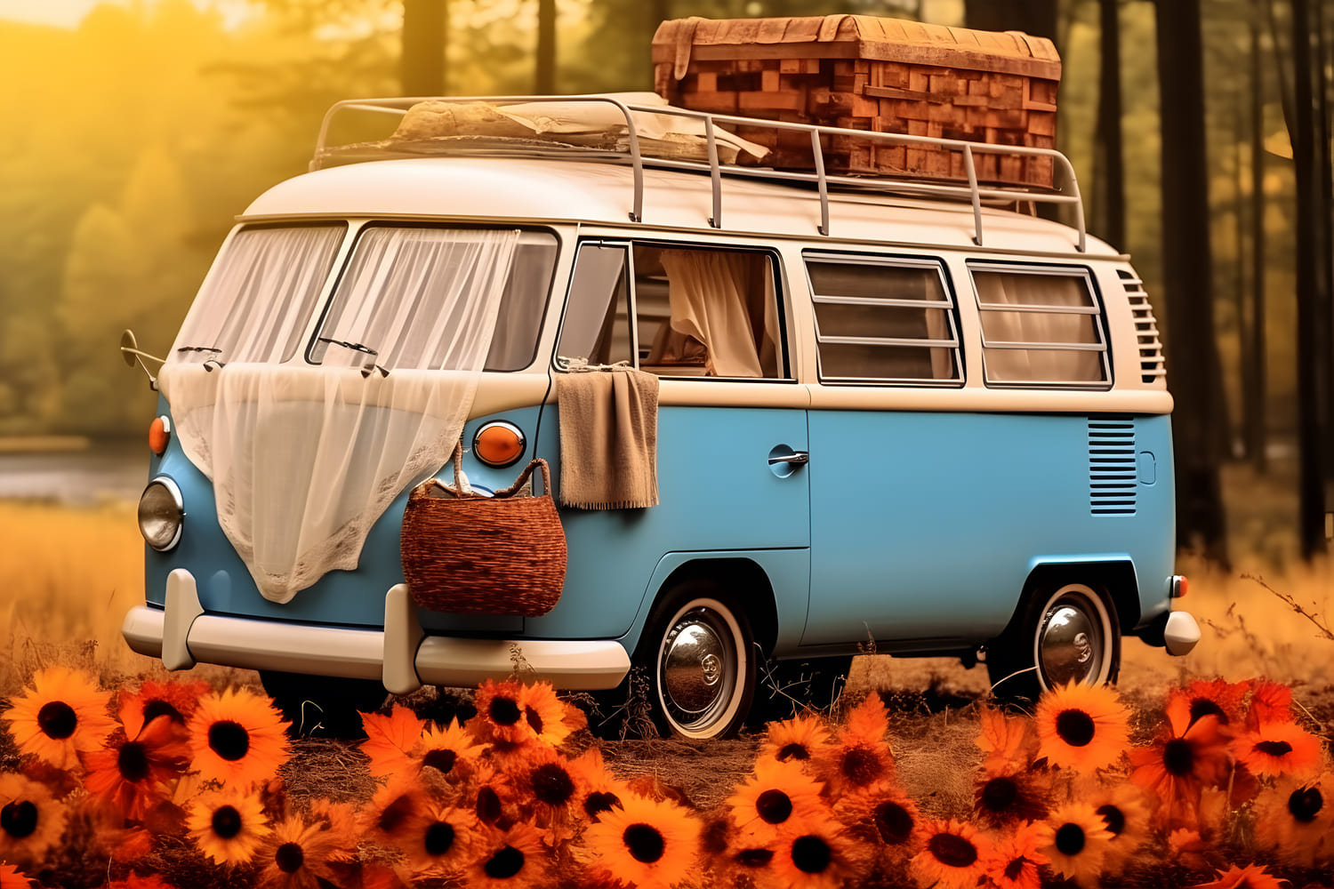 Autumn Sunflower Blue White Bus Backdrop UK RR7-163
