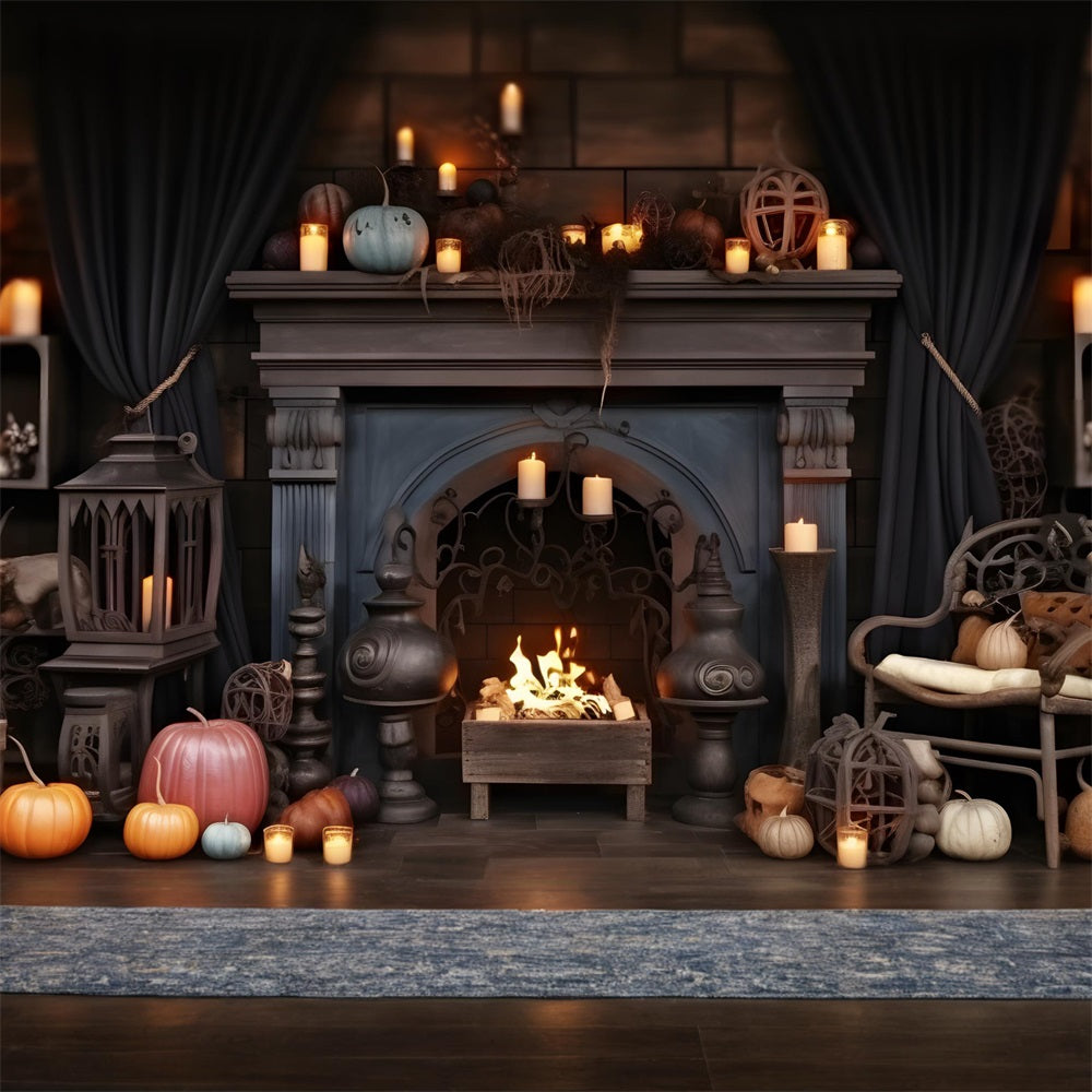Halloween Pumpkin Lanterns Cozy Fireplace Backdrop UK RR7-264