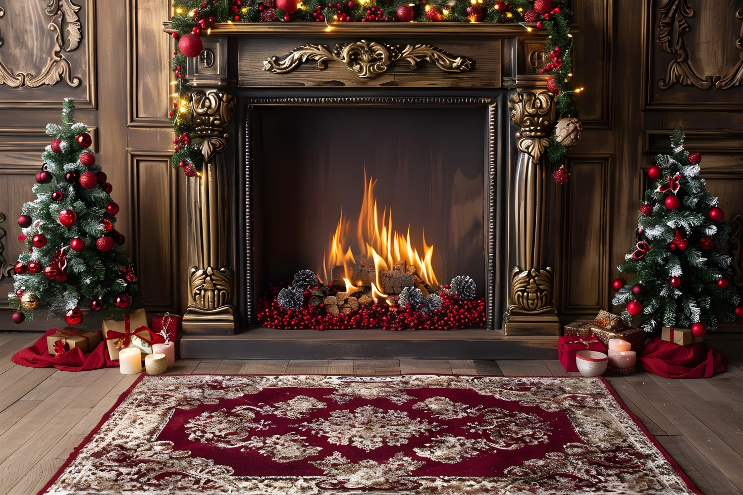 Christmas Elegant Fireplace Red Accents Backdrop UK RR7-631
