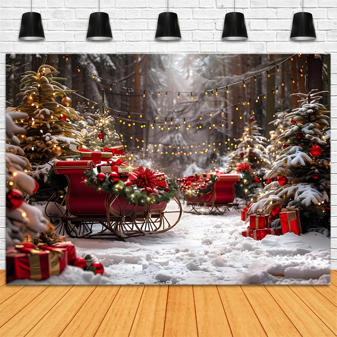 Christmas Sleighs Lights Snowy Forest Backdrop UK RR7-680
