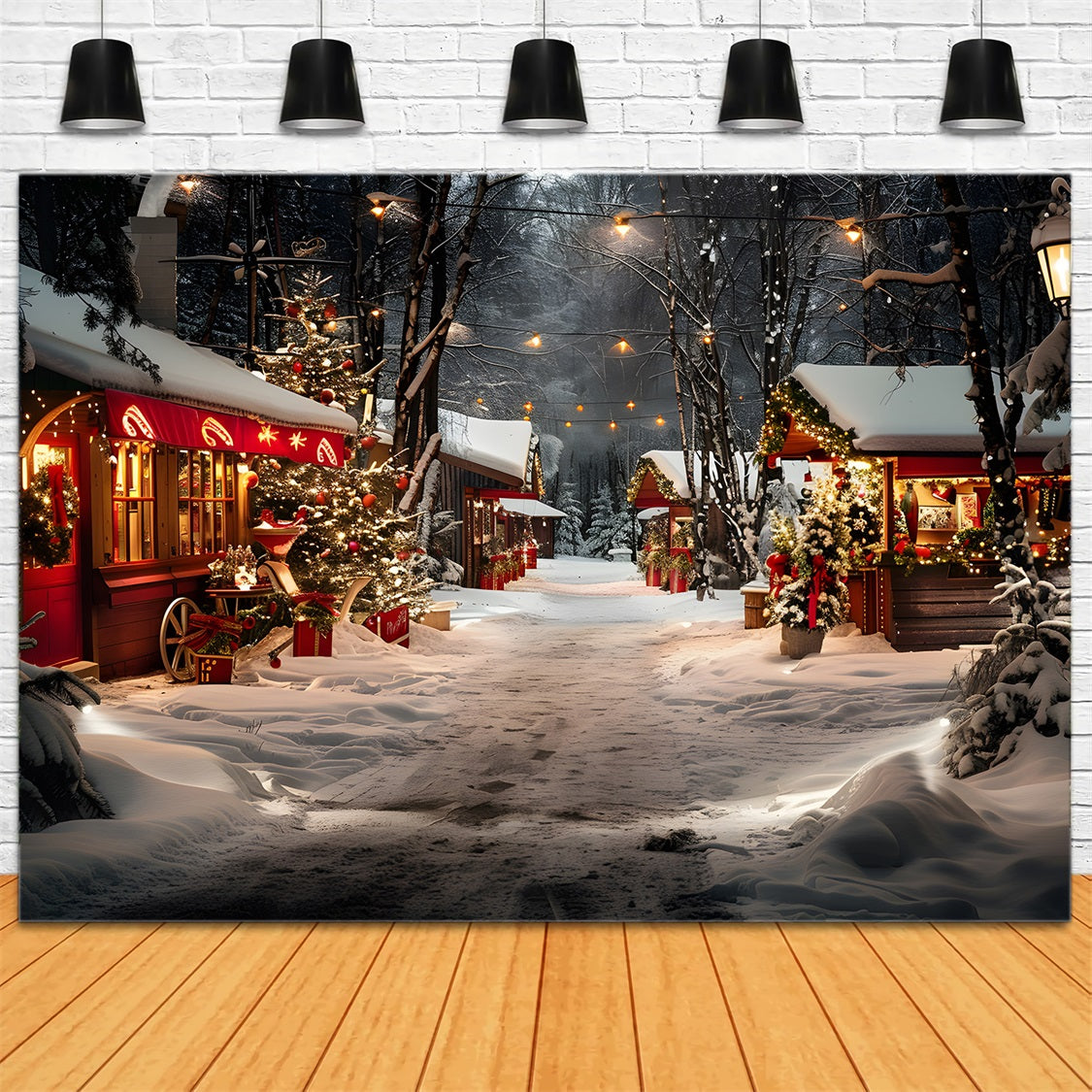 Christmas Shop Stalls Snowy Night Forest Backdrop UK RR7-681