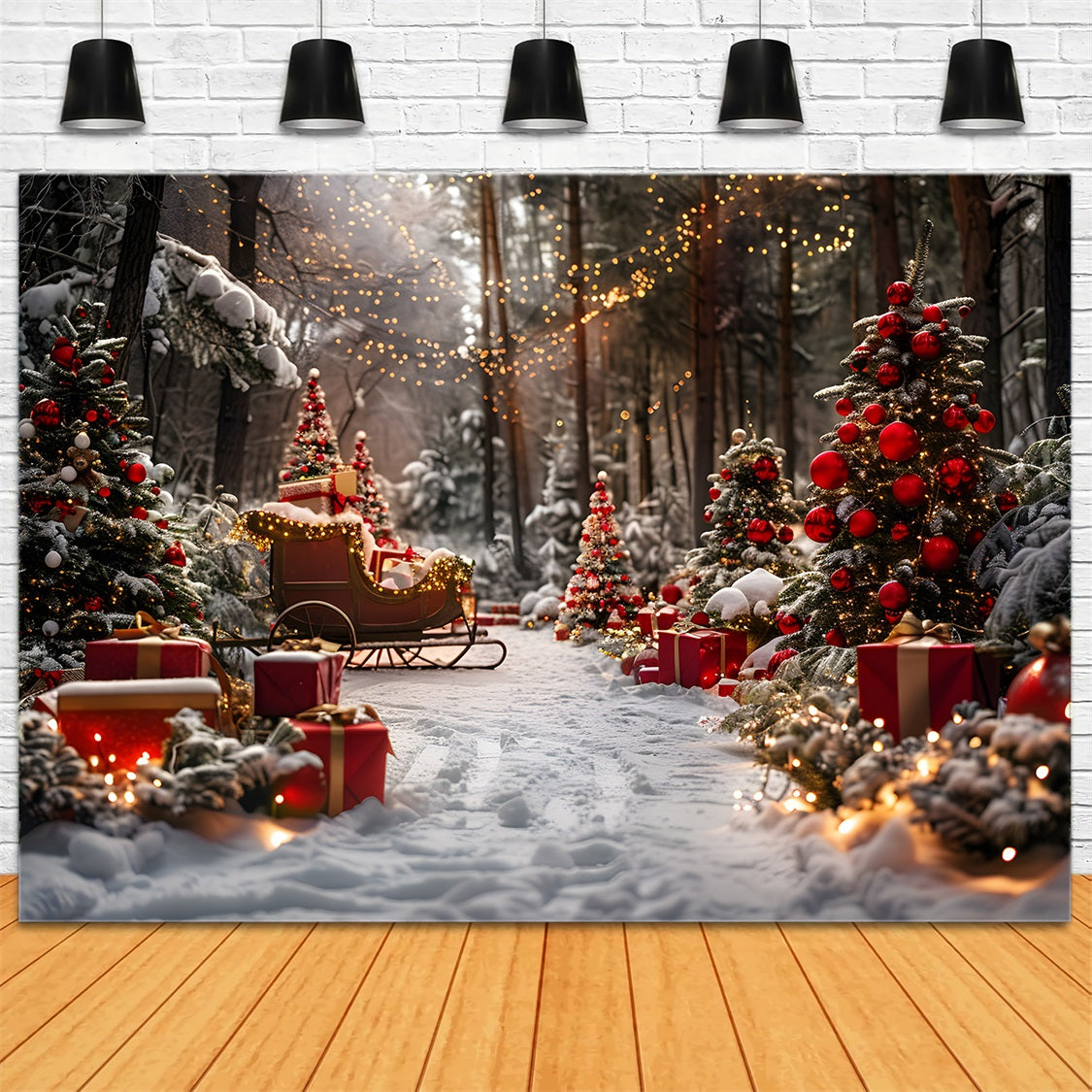 Christmas Sleigh Gift Laden Trees Backdrop UK RR7-682