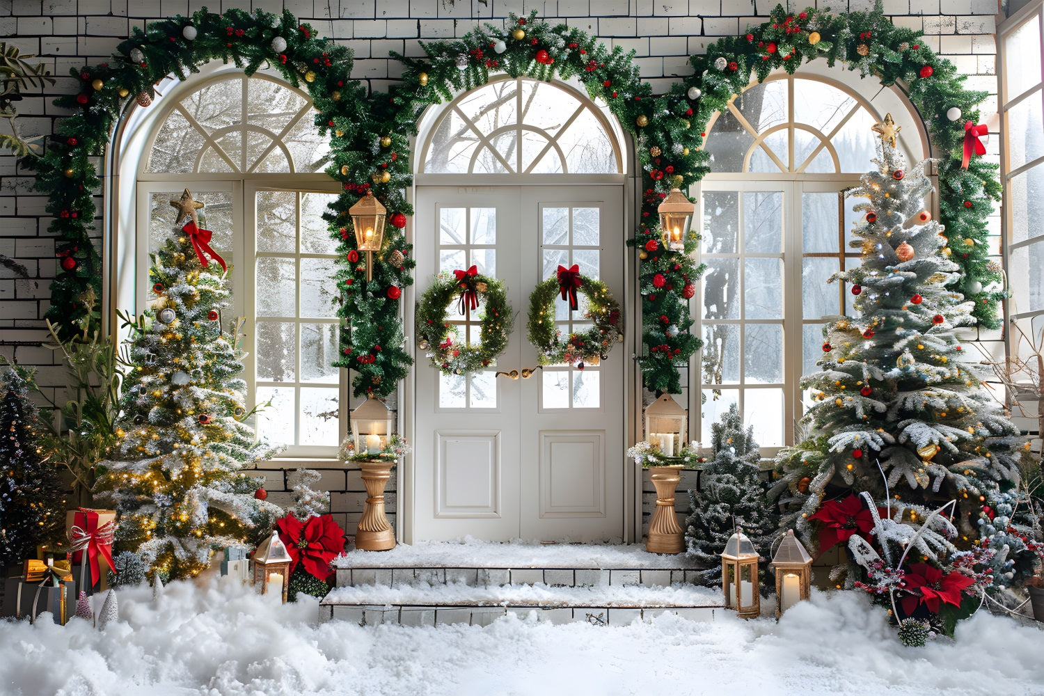 Christmas Arched Doorway Wreaths Trees Backdrop UK RR7-695