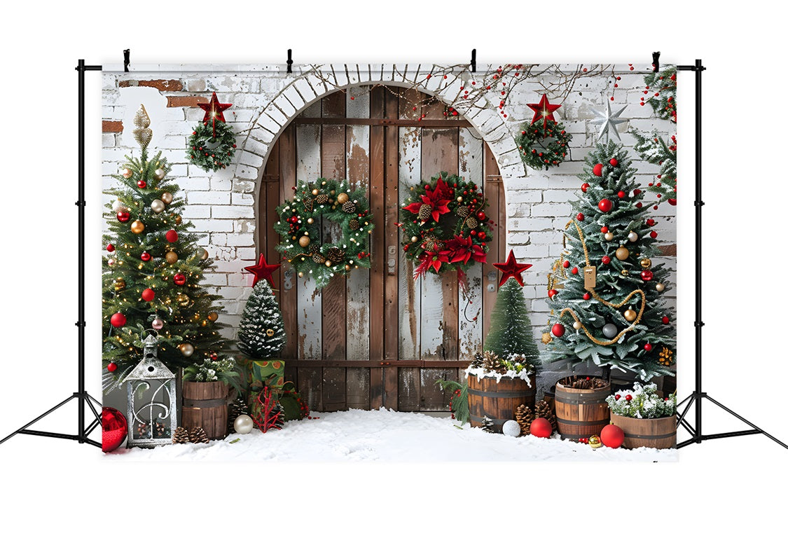 Christmas Rustic Wooden Door Wreaths Backdrop UK RR7-697