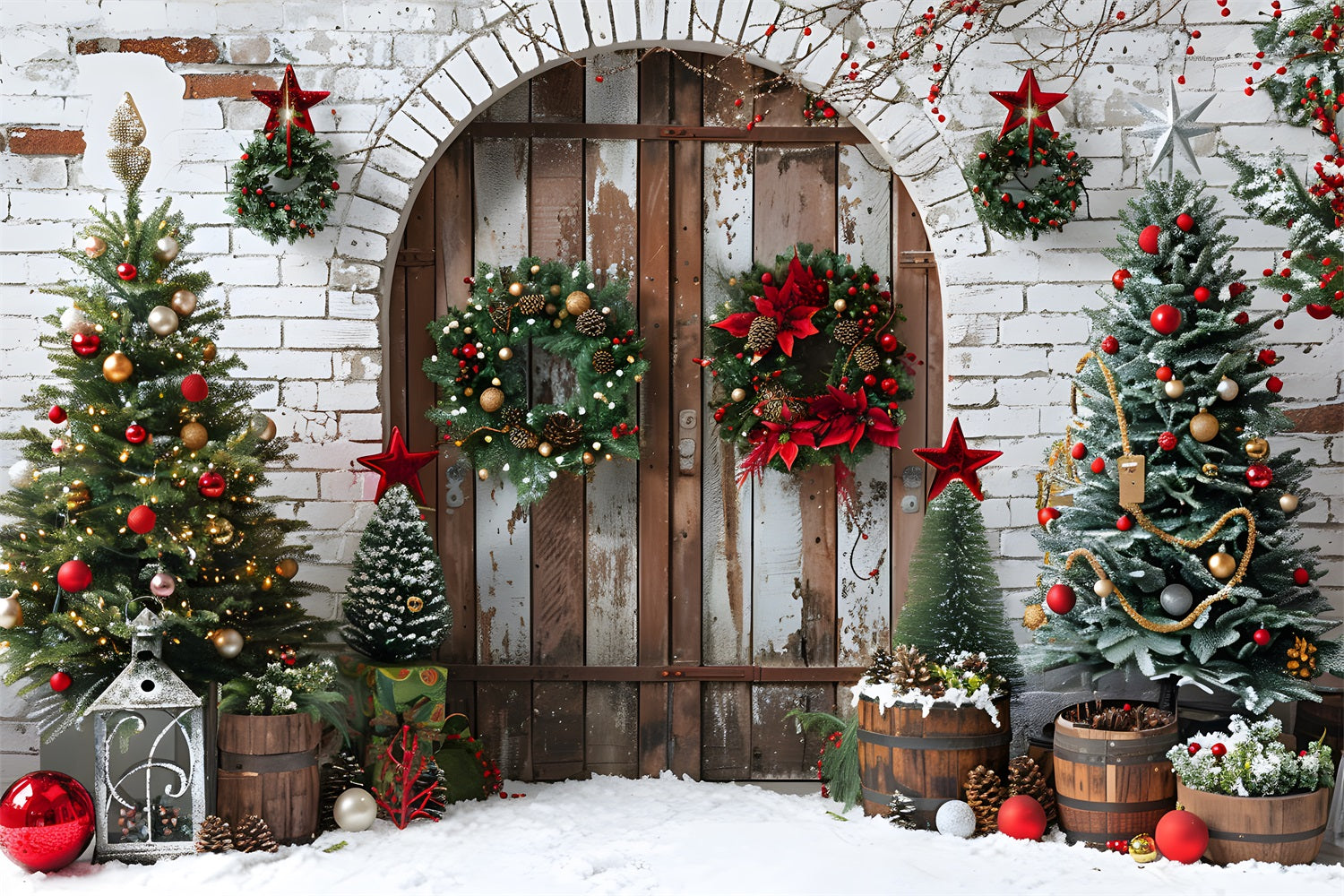 Christmas Rustic Wooden Door Wreaths Backdrop UK RR7-697