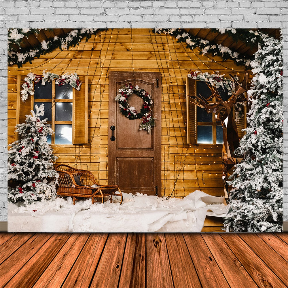 Snow Christmas Tree Wooden House Backdrop UK RR7-826