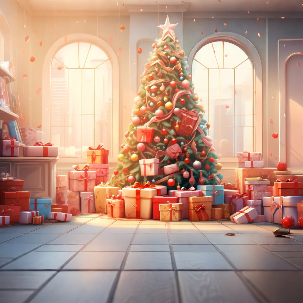 Christmas Tree Gift Boxes Window Backdrop UK RR7-828