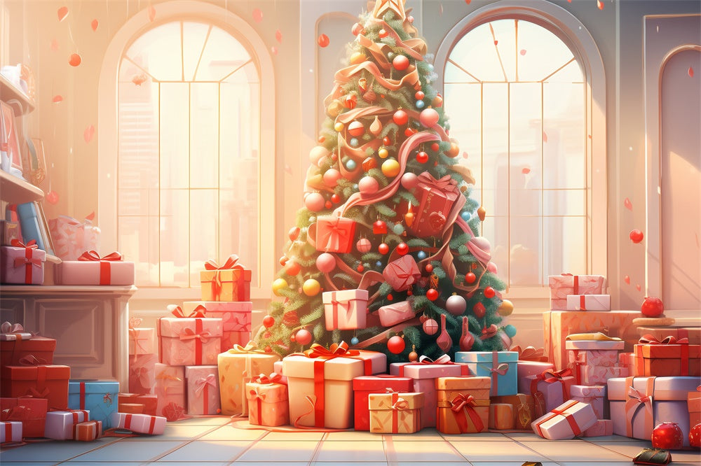 Christmas Tree Gift Boxes Window Backdrop UK RR7-828