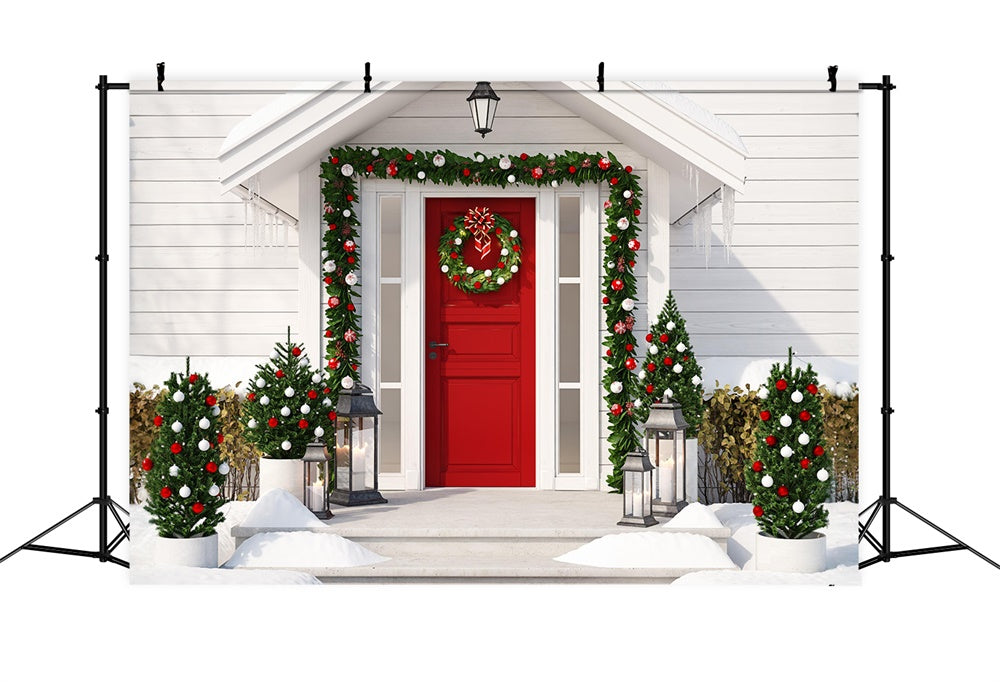 Christmas House Decorated Front Door Backdrop UK RR7-829