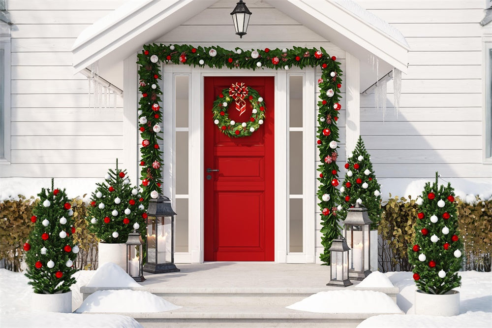Christmas House Decorated Front Door Backdrop UK RR7-829