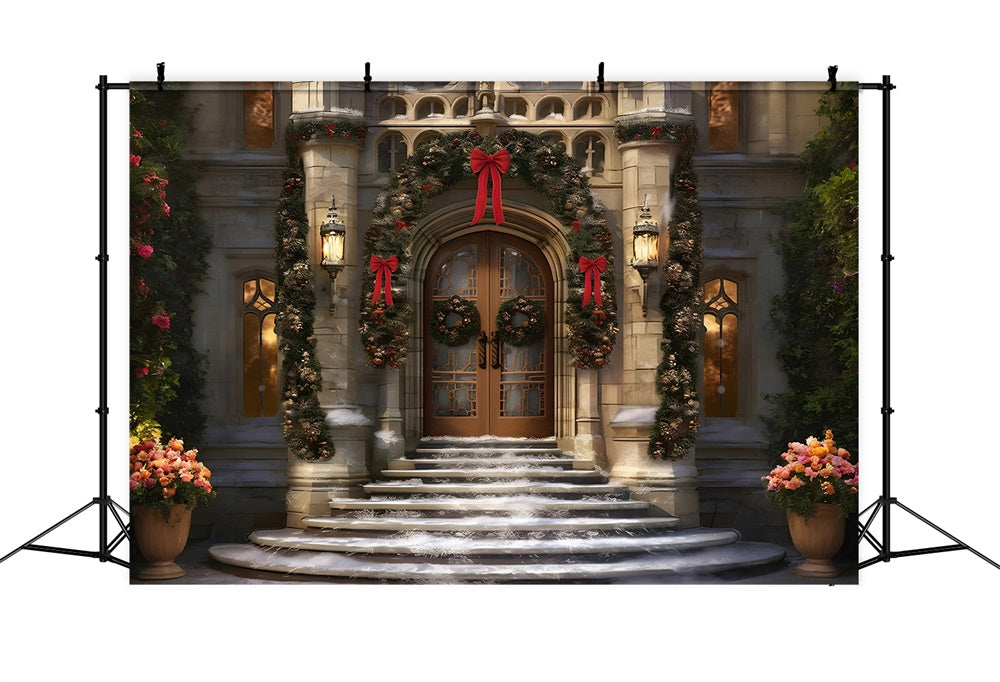 Christmas Front Door Wreath Snow Backdrop UK RR7-843