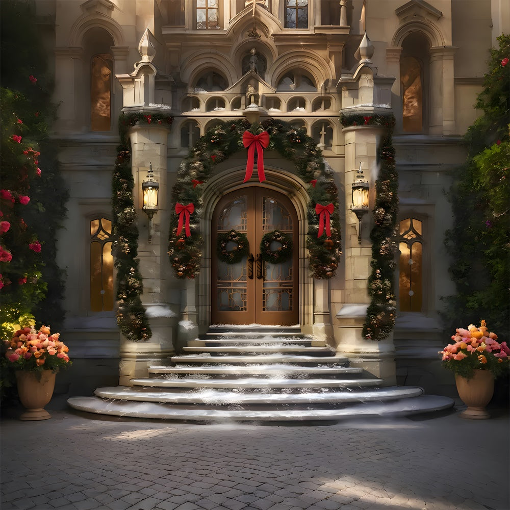 Christmas Front Door Wreath Snow Backdrop UK RR7-843