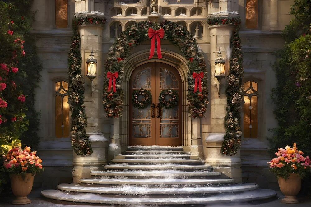 Christmas Front Door Wreath Snow Backdrop UK RR7-843