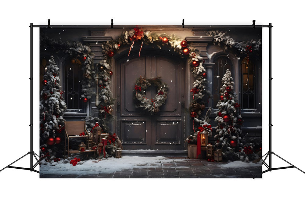 Christmas Trees Wreath Door Snow Backdrop UK RR7-848