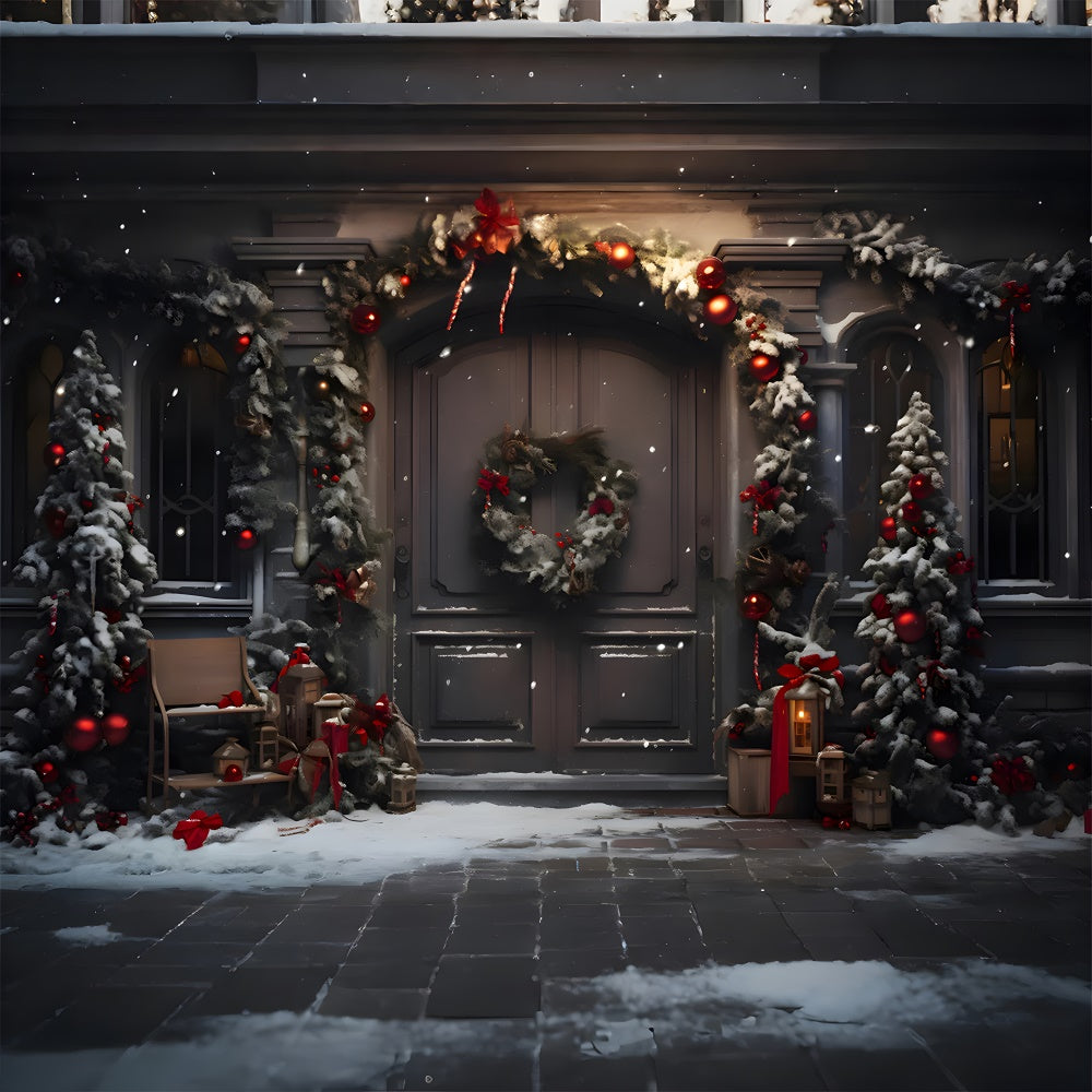 Christmas Trees Wreath Door Snow Backdrop UK RR7-848