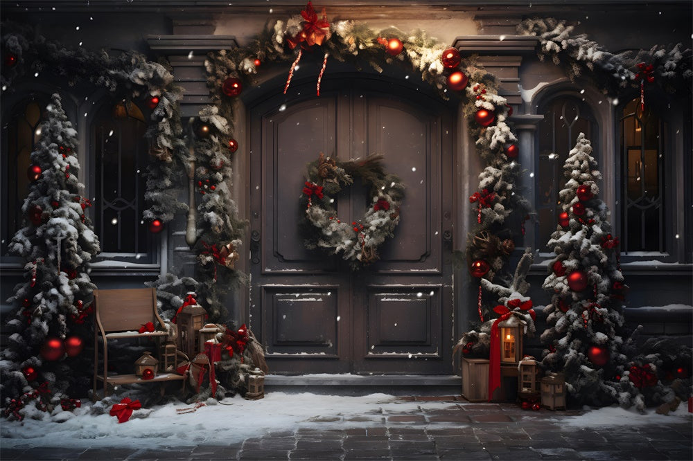 Christmas Trees Wreath Door Snow Backdrop UK RR7-848