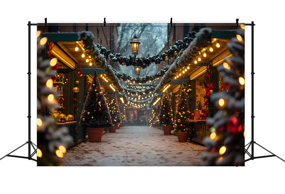 Glowing Christmas Tree Snowy Street Backdrop UK RR7-858