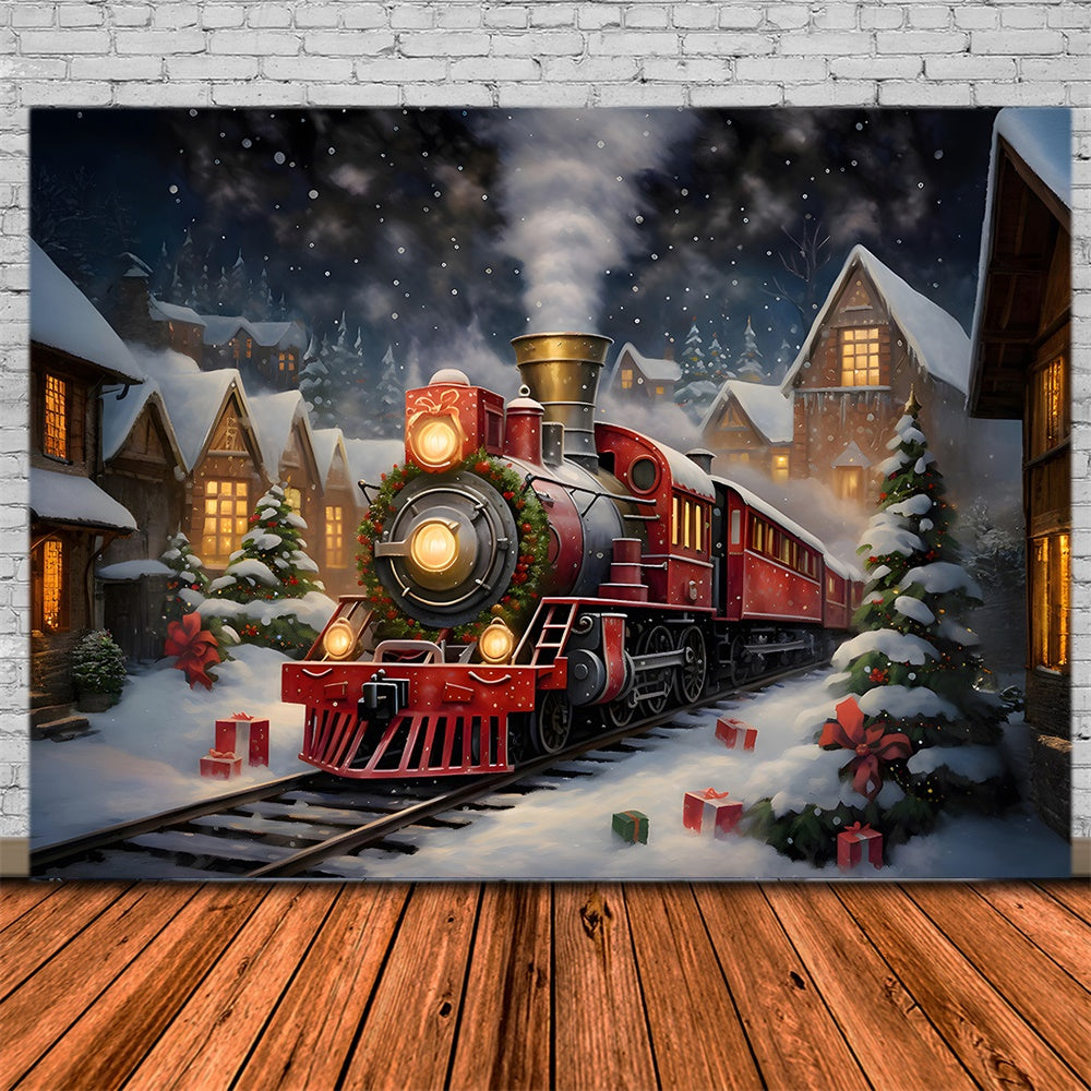 Christmas Train Houses Snow Night Backdrop UK RR7-876