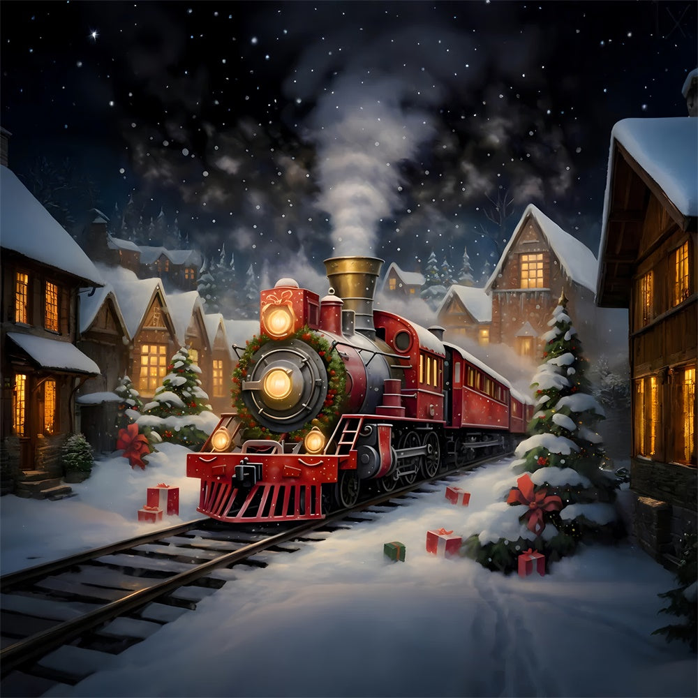Christmas Train Houses Snow Night Backdrop UK RR7-876
