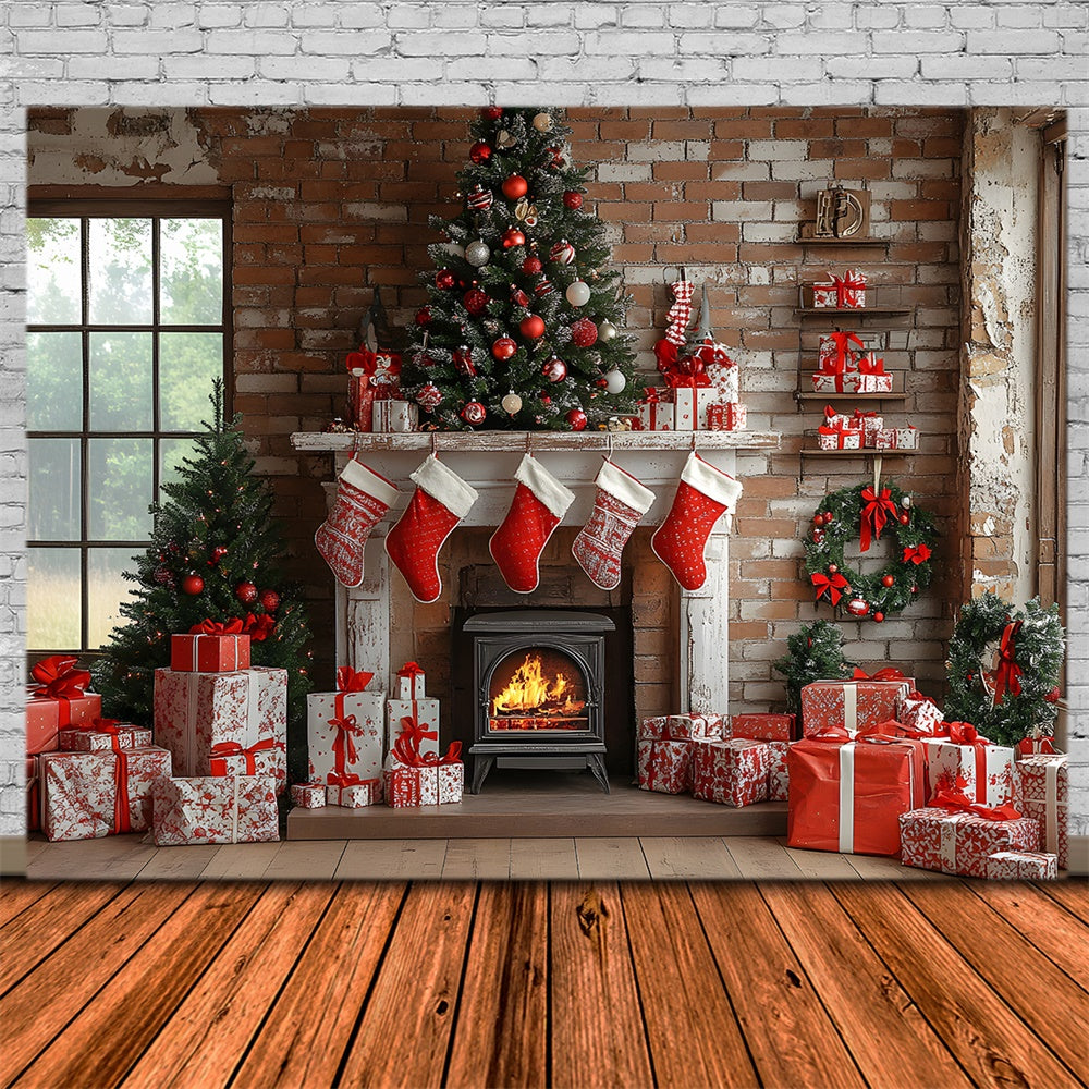 Christmas Socks Fireplace Gift Boxes Backdrop UK RR8-112