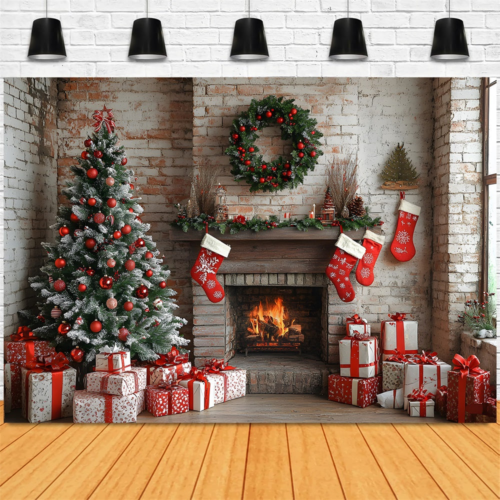 Christmas Brick Wall Fireplace Stockings Backdrop UK RR8-115